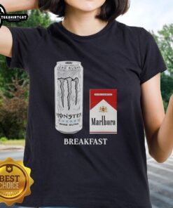 Official Breakfast White Monster and Marlboro Red Cigarette Ladies Tee featuring bold graphics and stylish design.