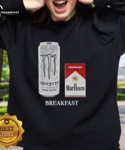 Alt Text: Official Breakfast White Monster and Marlboro Red Cigarette sweatshirt featuring vibrant logos and comfortable design.