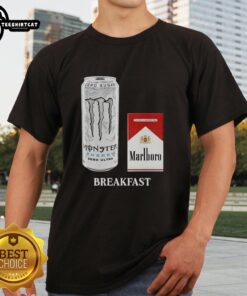 Official Breakfast White Monster and Marlboro Red Cigarette T-Shirt featuring bold logos and vibrant colors, perfect for casual wear.