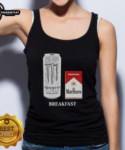 Alt Text: Official Breakfast tank top featuring White Monster logo and Marlboro Red cigarette design, perfect for casual wear.