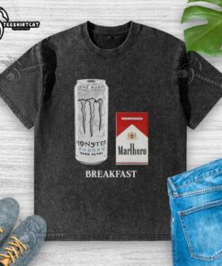 Official Breakfast White Monster and Marlboro Red cigarette washed t-shirt featuring vibrant graphics and a casual style.