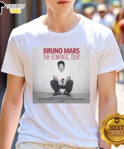 Official Bruno Mars The Romantic Tour 2026 T-Shirt featuring vibrant design and tour details on a stylish black background.