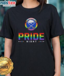 Alt Text: Official Buffalo Sabres Pride Night ladies tee featuring vibrant colors and team logo, perfect for fans celebrating inclusivity.