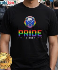 Official Buffalo Sabres Pride Night T-Shirt featuring the team's logo and vibrant rainbow colors for LGBTQ+ support.