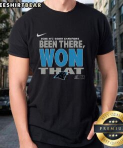 Official Carolina Panthers 2025 NFC South Champions T-Shirt featuring team logo and bold championship graphics.