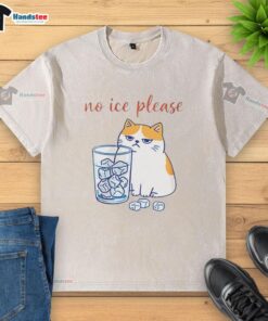 Official Cat No Ice Please Caricature on a Washed T-Shirt, featuring a playful cat design perfect for casual wear.