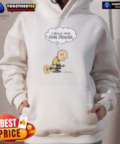 Official Charlie Brown holding guitar in 'I Really Miss John Denver' hoodie, perfect for fans of nostalgic music.