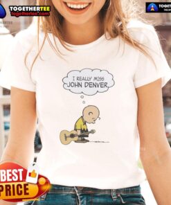 Official Charlie Brown holding guitar in 'I Really Miss John Denver' ladies tee, perfect for fans of classic cartoons.