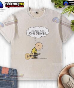 Official Charlie Brown holding guitar in 'I Really Miss John Denver' washed t-shirt, perfect for music lovers and nostalgia.