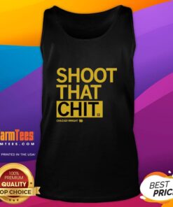 Chazadi Wright wearing a 'Shoot That Chit' tank top, showcasing a stylish and bold graphic design for casual wear.