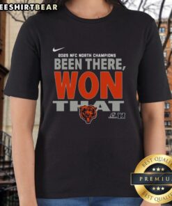 Alt Text: Official Chicago Bears 2025 NFC North Champions ladies tee featuring team colors and logo for female fans.