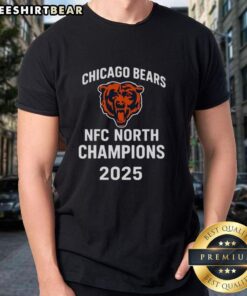 Official Chicago Bears 2025 NFC North Champions logo t-shirt featuring team colors and bold championship design.