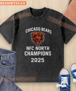 Alt Text: Official Chicago Bears 2025 NFC North Champions logo on a washed t-shirt, showcasing team pride and style.