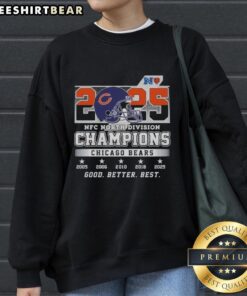 Alt Text: Official Chicago Bears 2025 NFC North Division Champions sweatshirt featuring a helmet design, perfect for fans.