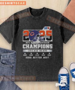 Alt Text: Official Chicago Bears 2025 NFC North Division Champions Good Better Best helmet washed t-shirt on display.
