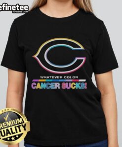 Chicago Bears Football color cancer awareness logo on ladies tee, supporting cancer awareness with team spirit.