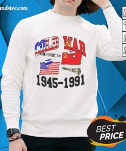Alt Text: Official Cold War 1945-1991 sweatshirt featuring vintage graphics and a comfortable fit, perfect for history enthusiasts.