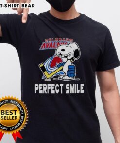 Official Colorado Avalanche Hockey Snoopy Perfect Smile T-Shirt featuring Snoopy with a joyful expression and team colors.