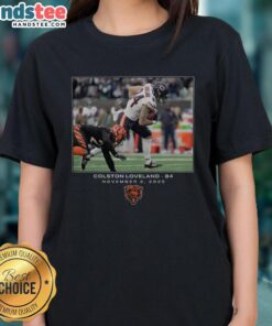 Alt Text: Official Colston Loveland Chicago Bears NFL Flash Features Week 9 Ladies Tee in team colors, perfect for fans.