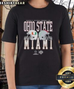 2025 Cotton Bowl Classic matchup graphic featuring Miami Hurricanes vs. Ohio State Buckeyes on a ladies tee.
