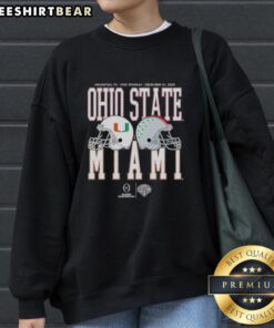 Alt Text: 2025 Cotton Bowl Classic sweatshirt featuring Miami Hurricanes vs Ohio State Buckeyes head-to-head matchup design.