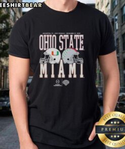 Official Cotton Bowl Classic 2025 t-shirt featuring Miami Hurricanes vs Ohio State Buckeyes head-to-head matchup design.
