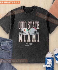 Official Cotton Bowl Classic 2025 washed t-shirt featuring Miami Hurricanes vs. Ohio State Buckeyes head-to-head matchup.