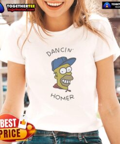 Official Dancin Homer Big Head Ladies Tee featuring a colorful design of Homer Simpson dancing in a fun graphic style.