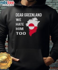 Official Dear Greenland We Hate Him Too political protest hoodie displayed on a model at a rally.