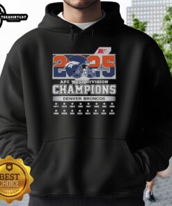 Alt Text: Official Denver Broncos 2025 AFC West Division Champions helmet hoodie showcasing team colors and logo.