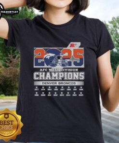 Official Denver Broncos 2025 AFC West Division Champions helmet design on a ladies tee shirt.