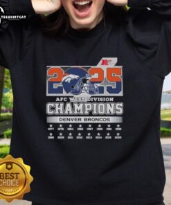 Alt Text: Official Denver Broncos 2025 AFC West Division Champions helmet sweatshirt featuring team colors and logo.