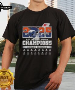 Alt Text: Official Denver Broncos 2025 AFC West Division Champions helmet t-shirt featuring team colors and logo design.