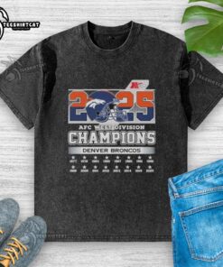 Official Denver Broncos 2025 AFC West Division Champions helmet graphic on a washed t-shirt, perfect for fans.