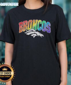 Official Denver Broncos Pride LGBT Ladies Tee featuring vibrant colors and the Broncos logo for fans celebrating diversity.