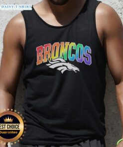 Alt Text: Official Denver Broncos Pride LGBT tank top featuring vibrant rainbow colors and team logo for fans celebrating diversity.