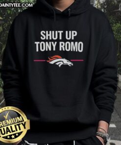 Official Denver Broncos Shut Up Tony Romo Hoodie in navy blue, featuring bold lettering and team logo for fans.