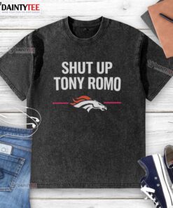 Official Denver Broncos 'Shut Up Tony Romo' washed t-shirt featuring bold graphic design, perfect for fans.