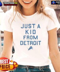 Official Detroit Lions 'Just A Kid From Detroit' ladies tee showcasing team spirit and style for female fans.