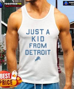 Alt Text: Official Detroit Lions Just A Kid From Detroit tank top featuring team colors and logo, perfect for fans.