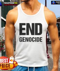 Katharine Hamnett tank top featuring 'Official End Genocide' slogan, promoting awareness and activism against genocide.