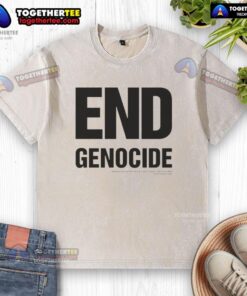 Official End Genocide Katharine Hamnett washed t-shirt featuring bold graphic design promoting awareness and activism.