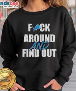 Official Fck Around And Find Out Detroit Lions Sweatshirt in navy blue with bold text, perfect for fans and cozy wear.