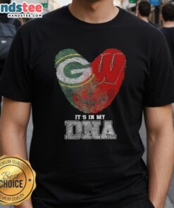 Official Fingerprints Green Bay Packers X Wisconsin Badgers DNA T-Shirt featuring unique team logos and vibrant design.