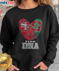 Alt Text: Official Fingerprints San Francisco 49ers x Stanford Cardinal 'Its In My DNA' sweatshirt in red and gold.