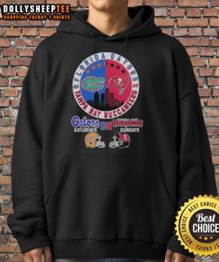 Alt Text: Florida Gators and Tampa Bay Buccaneers helmet logo mashup hoodie, perfect for game days and fan apparel.