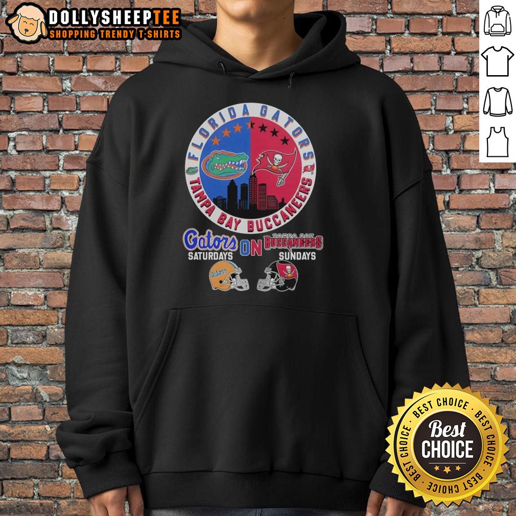 Official Florida Gators On Saturdays And Tampa Bay Buccaneers On Sundays Helmet Logo Mashup Hoodie Alt Text: Florida Gators and Tampa Bay Buccaneers helmet logo mashup hoodie, perfect for game days and fan apparel.