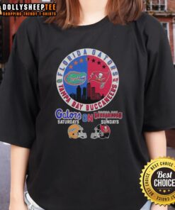 Florida Gators and Tampa Bay Buccaneers helmet logo mashup on a ladies tee, perfect for game day fashion.