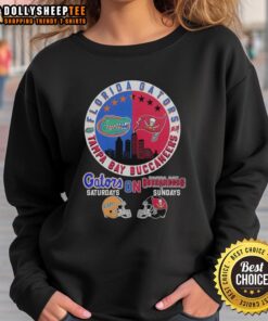 Florida Gators and Tampa Bay Buccaneers helmet logo mashup sweatshirt showcasing team spirit for game days.