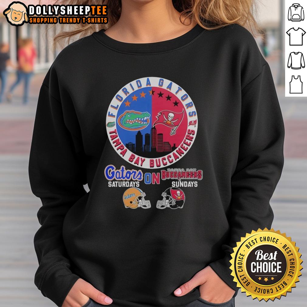 Official Florida Gators On Saturdays And Tampa Bay Buccaneers On Sundays Helmet Logo Mashup Sweatshirt Florida Gators and Tampa Bay Buccaneers helmet logo mashup sweatshirt showcasing team spirit for game days.